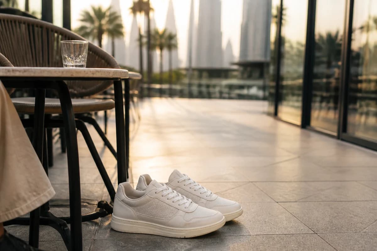 Clean white sneakers beside a shaded Dubai cafe table after sneaker cleaning service Dubai