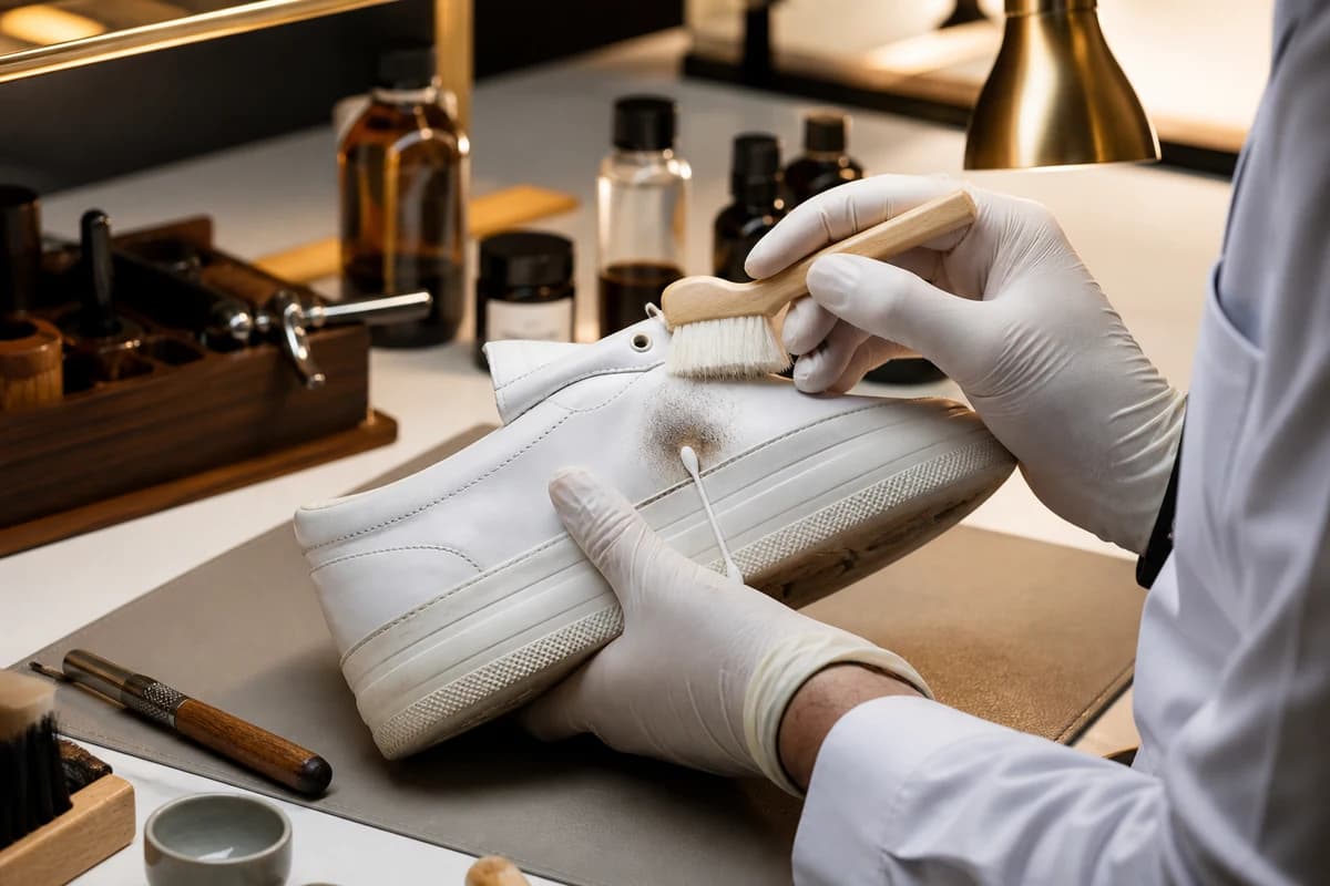 Technician assessing an oil stain on a white leather sneaker during professional sneaker cleaning Dubai