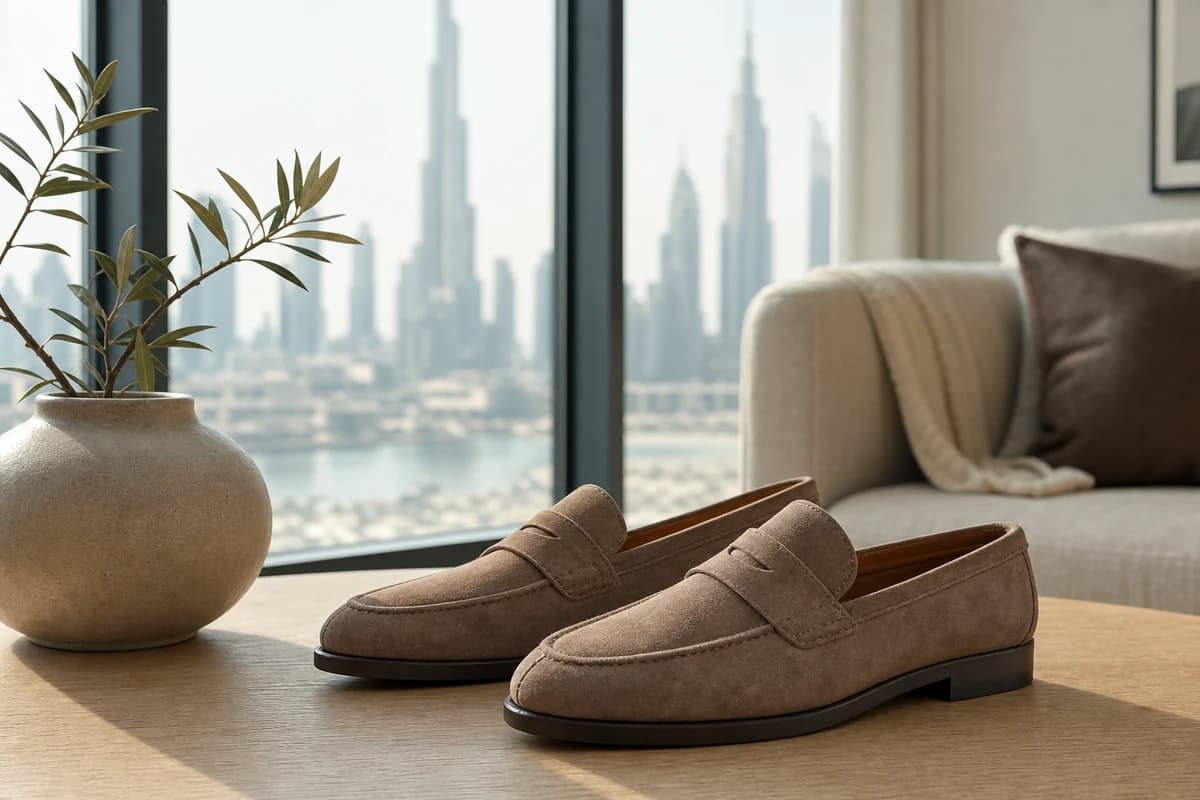 Taupe suede loafers styled in a Dubai home interior after professional cleaning