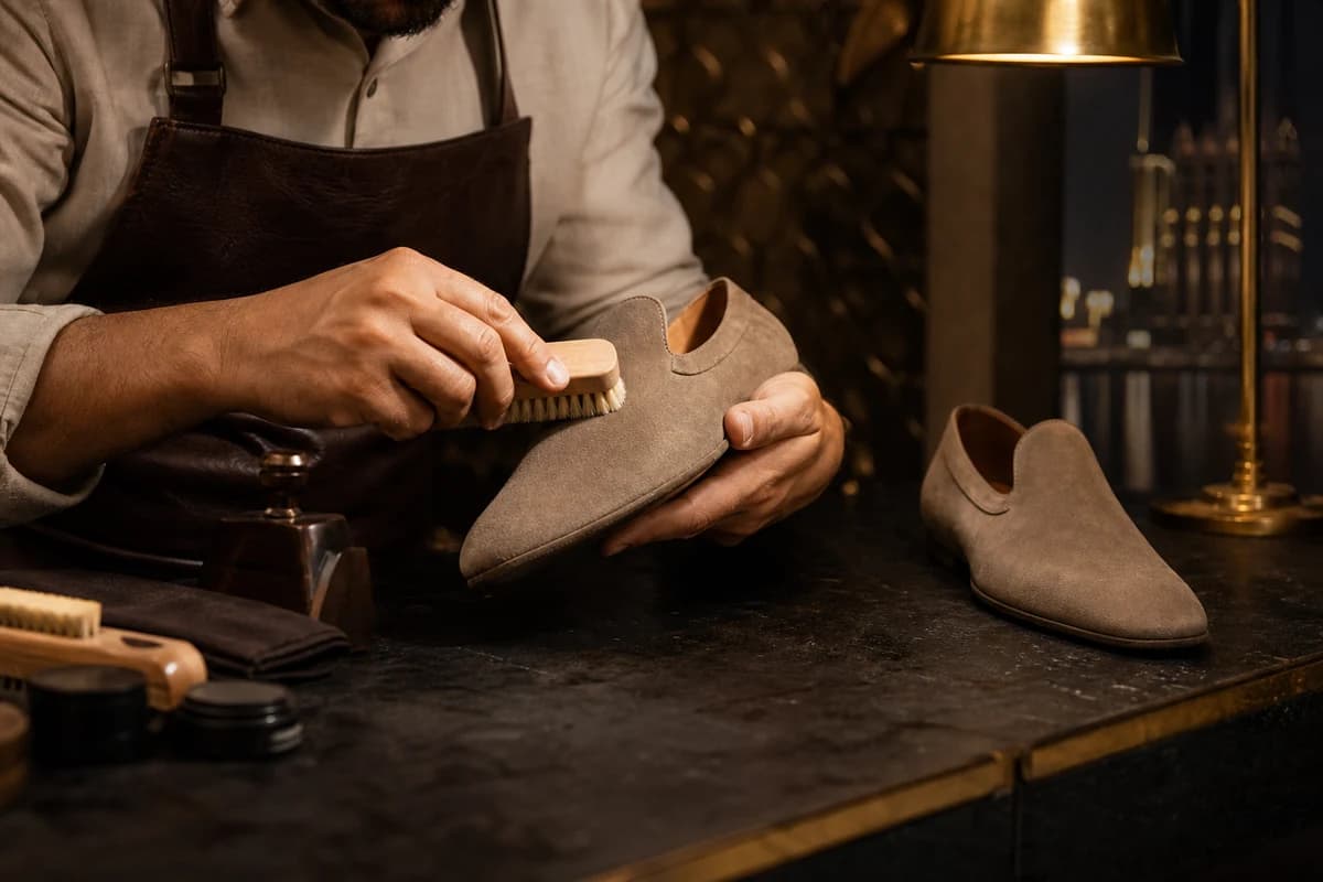 Hand brushing suede during suede shoe cleaning Dubai to lift dust from the nap