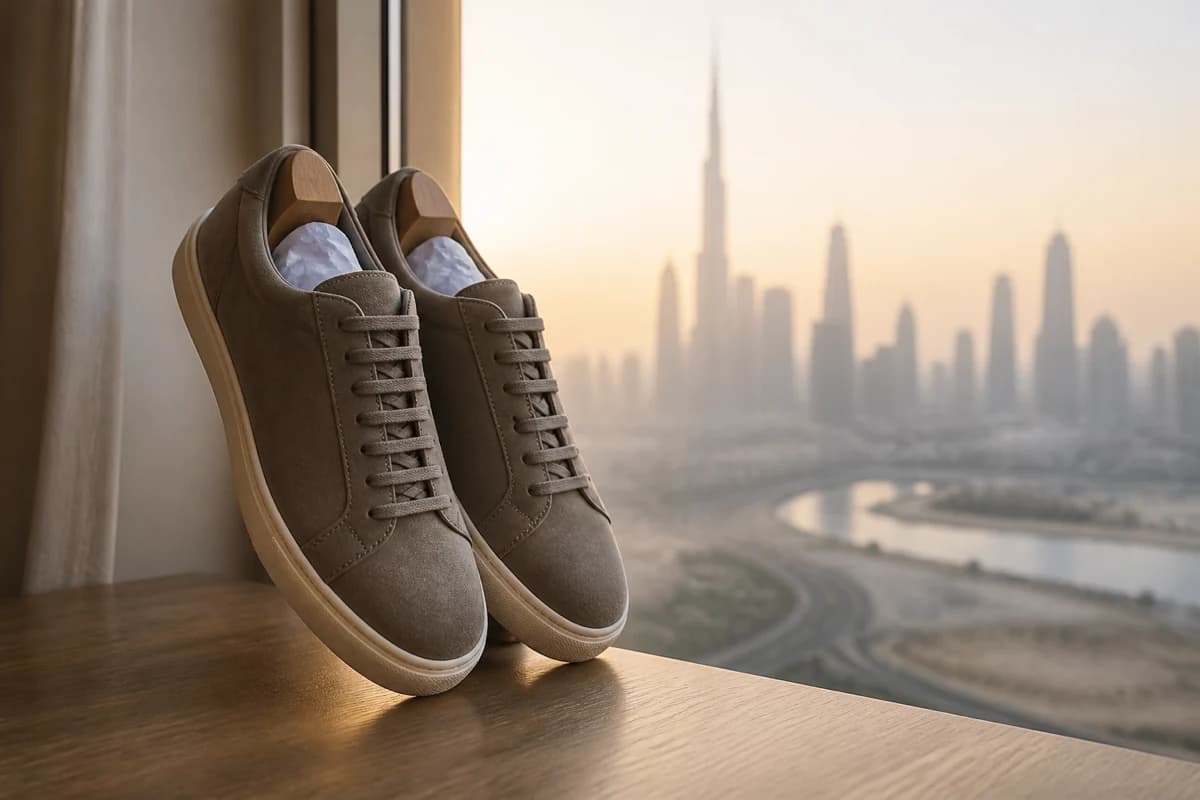 Pair of suede sneakers prepared for a sneaker cleaning service Dubai WhatsApp photo quote