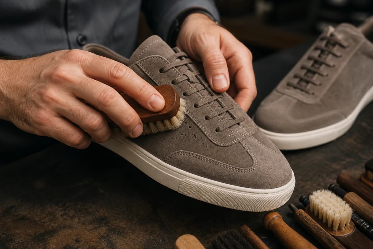 Soft brush lifting dust during suede sneaker cleaning Dubai on taupe lifestyle sneakers