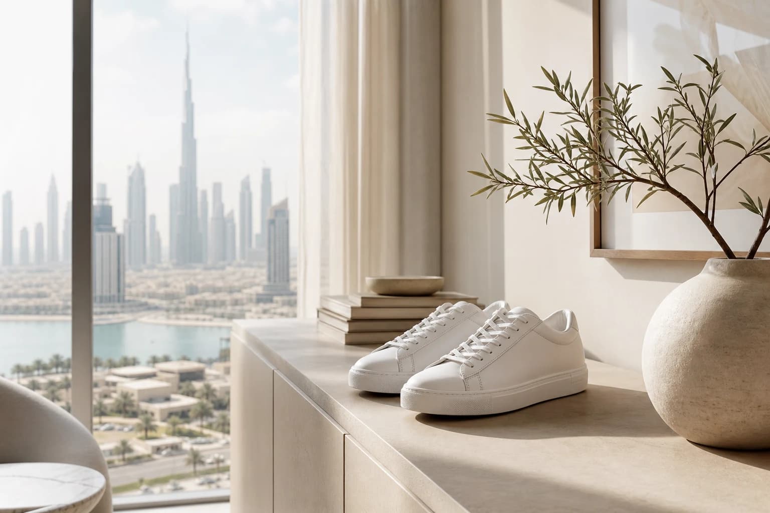Clean white sneakers styled on a bright Dubai apartment console after careful care