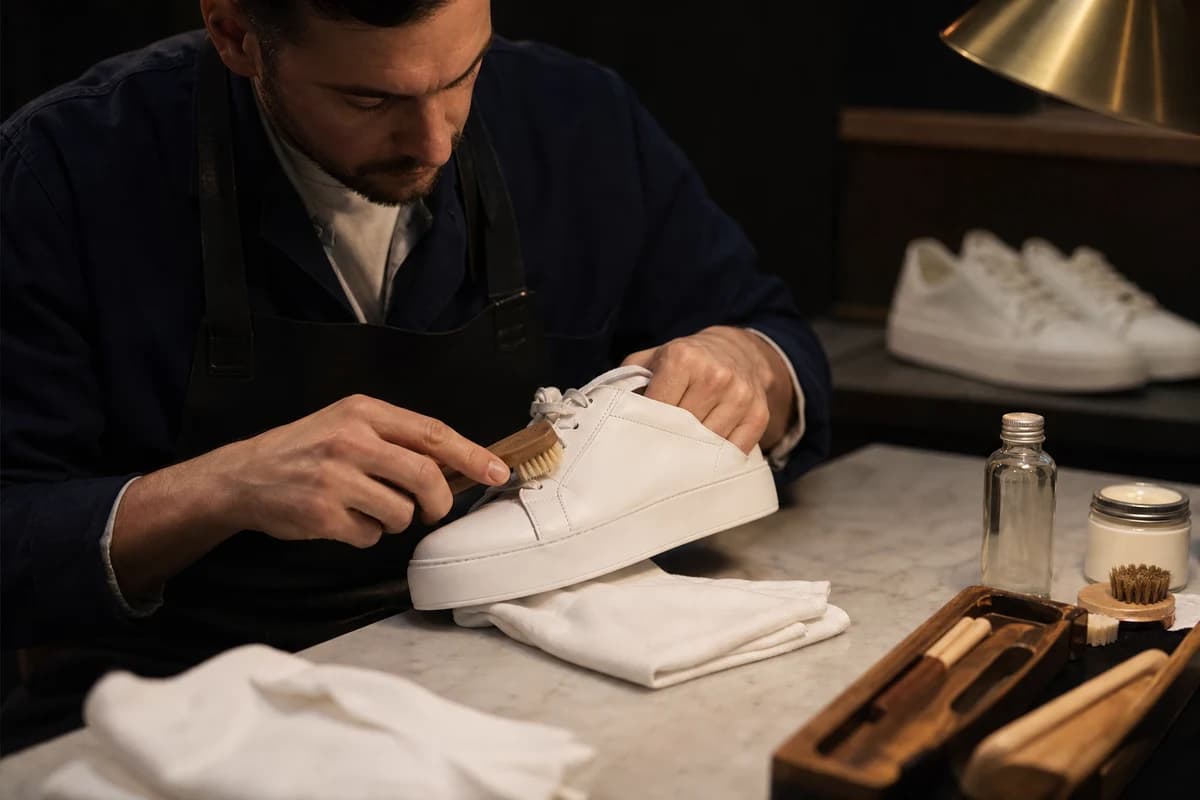 Technician performing white sneaker cleaning Dubai on leather and rubber panels with soft brushes