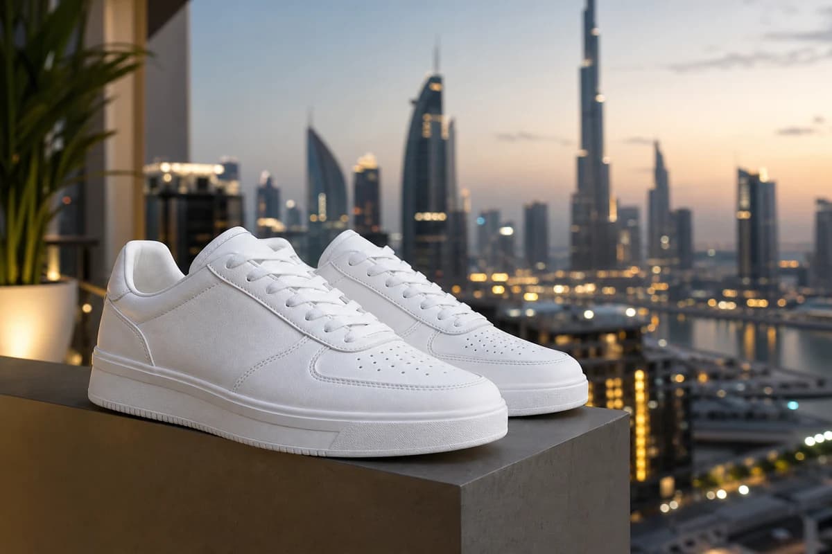 Brightened white sneakers with restored midsoles styled on a Dubai apartment ledge