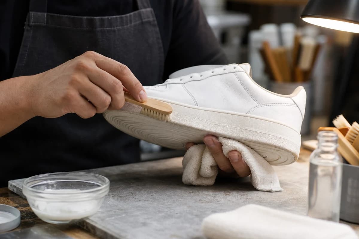 Workshop bench during yellow sole whitening Dubai care on a white midsole with soft daylight